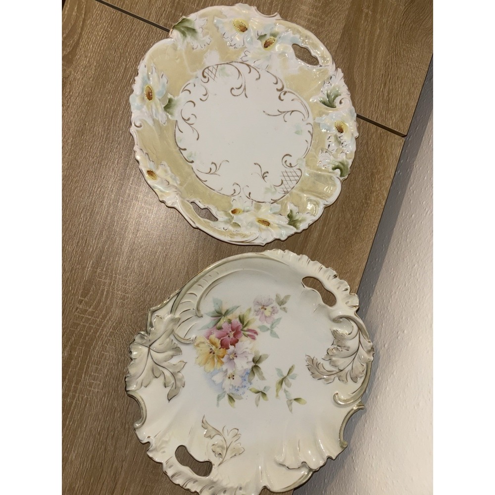 Pair Antique Victorian Hand Painted Porcelain Handled Cake Server Plates Floral - Picture 2 of 16